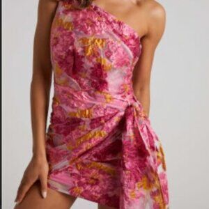 Brailey One Shoulder Wrap Front Mini Dress in Pink Jacquard